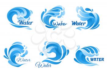 Wave of blue sea or ocean water icon set. Swirl of water wave symbol with drop and splash. Marine, nature, ecology themes design