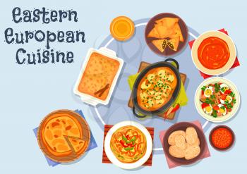 Eastern european cuisine icon with potato dumpling with meat gravy, vegetable egg salad, boiled potato, omelette with bell pepper, fried meat pie, tomato soup, vegetable pie, apple cinnamon pie