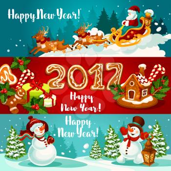 New Year banners with Santa Claus flying on sleigh with reindeer, xmas gift, gingerbread house and man with holly berry and ginger cookie number 2017, snowman with gift bag and lantern