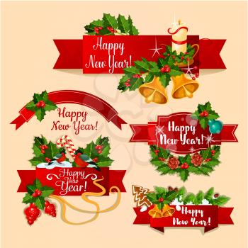 New Year ribbon banners set. Red label with holly berry and pine twig, candy cane and bauble ball, bell and candle, gingerbread and bullfinch on wavy ribbon. Winter holidays theme design