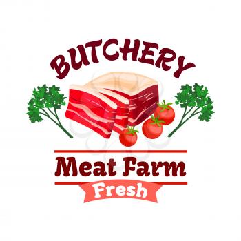 Fresh meat label. Bacon or pork belly slices, served on plate with tomato vegetable and parsley. Meat farm cartoon badge, butchery shop menu design