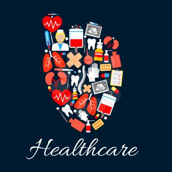 Heart medical poster, created of healthcare icons. Pill, syringe, thermometer, doctor, heart, pulse, blood, tooth, dentist instrument, baby ultrasound, lung, spine, kidney, plaster. Medicine design