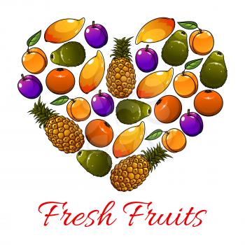 Fruits poster. Vector heart shape of mango, pineapple, plum, orange, apple, pear, apricot icons. Vegetarian exotic and farm fruits love symbol