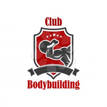 Bodybuilding vector icon. Gym, sport club vector sign. Crossfit gym, fitness club isolated badge of muscleman, weightlifter muscle arm with dumbbell, athlete hand biceps with iron barbell, ribbon, sta