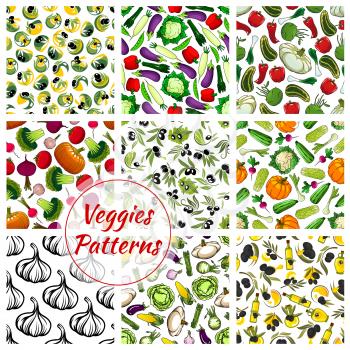 Vegetables patterns set. Veggies seamless vector background of fresh, farm organic vegetarian pumpkin, cabbage, cauliflower, olive oil, garlic, cucumber, tomato, pepper. Vegan vegetable food