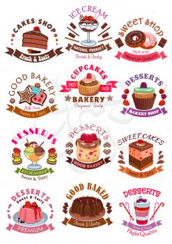 Desserts icons, signs set. Sweets, cupcake, ice cream, cookie, cake, chocolate muffin, wafer, waffle with fruits and berries. Vector isolated symbols, ribbons for cafe, cafeteria, bakery shop, patisse
