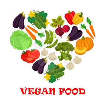 Vegan food poster. Vector heart of vegetables icons cabbage, pea, cucumber, pumpkin, carrot, eggplant, tomato, garlic, beet, pepper, broccoli
