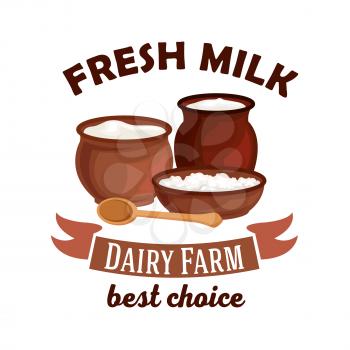 Fresh milk. Dairy farm vector isolated icon. Vector milk pitcher, sour cream jar, milk curd, cottage cheese. Village dairy farm badge