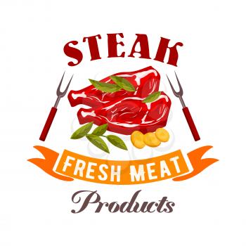Steak sign. Fresh meat shop vector icon. Natural fresh meat steak of beef, pork, mutton with spices, herbs, vegetables for butcher shop, restaurant menu, grocery shop ribbon, badge