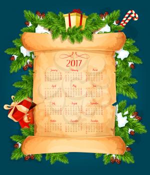 Christmas year calendar on paper scroll with xmas tree branches, gift and present box, candy cane, ribbon bow, snowflake and pinecone. New Year festive calendar design