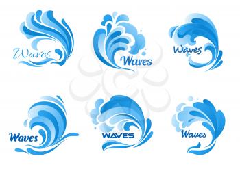 Waves vector isolated icons. Water ocean wave splash, tide water rollers, stormy curling, boiling and seething blue sea waves