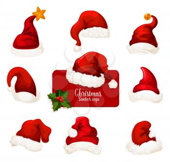 Christmas Santa hat isolated cartoon icon set. Red cap of Santa Claus with star and jingle bell. Winter holidays traditional costume for festive design
