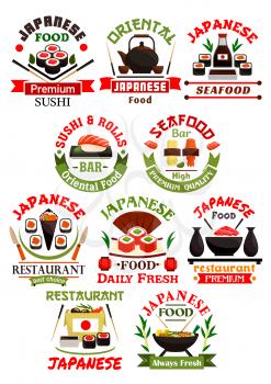 Japanese cuisine signs set. Vector isolated icons of sushi shrimp rolls, salmon sashimi, steamed rice and seafood wok, teapot, seaweed, wasabi, soy sauce, bento lunch box, chopsticks, ribbons. Sushi b