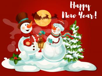 Snowman with candle lantern, holly berry and pine tree looking at silhouette of flying santas sleigh with deer in the sky. New Year winter holidays poster, greeting card design