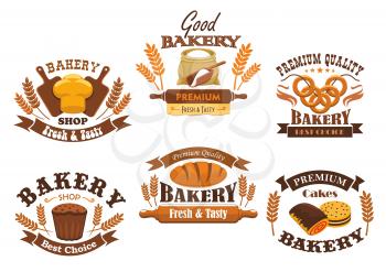 Bakery shop signs of bread, pastry, desserts. Vector isolated bakery icons of wheat bread loaf, flour sack with rolling pin, baked bagels, rye bread brick, sweet buns, pies