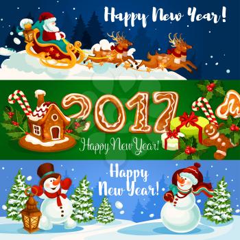 Christmas banner with Santa Claus flying on sleigh with reindeer, xmas gift, gingerbread house and man with holly berry and ginger cookie number 2017, snowman with gift bag and lantern