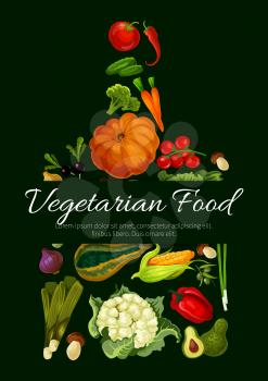 Vegetables poster. Vegetarian fresh food of natural farm vegetables pumpkin, cabbage, pea, cucumber, cauliflower, corn, onion, carrot, eggplant, tomato, garlic, beet, pepper, broccoli, radish, mushroo