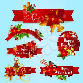 New Year red ribbon banners and labels with holly berry, fir and pine branches, gift box with ribbon bow, golden star and bell, poinsettia flower, candy cane, bullfinch and candle lantern