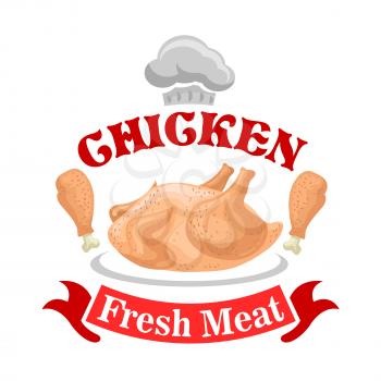 Chicken fresh meat isolated icon. Vector sign for fowl meat shop with chicken bird legs, ribbon, chef hat. Butcher shop emblem