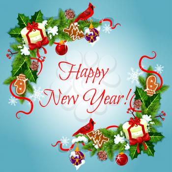Happy New Year holiday frames and borders with wreath and ribbons of holly leaves, pine tree branches, garlands, berries and gifts, snow, gingerbread mittens, stockings and pine cones, jingle bells
