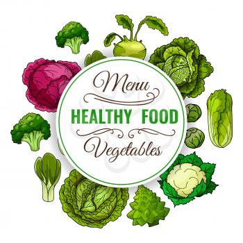 Healthy food menu. Vegetables poster. Vegan raw organic cabbage, broccoli, red cabbage, kohlrabi, chinese cabbage napa, brussels sprouts, cauliflower, bok choy, pak choi, kale, leafy cabbage vegetable