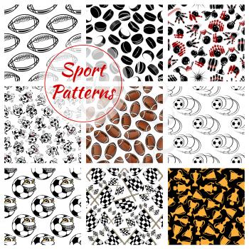 Sport patterns. Vector seamless background of balls, sports gaming items of soccer, volleyball, rugby, hockey puck, gold cup awards