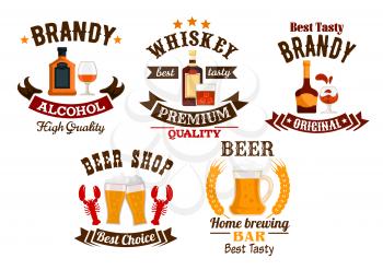 Beer bar sign. Whiskey, brandy, draught beer vector isolated alcohol drinks icons set. Bar, brewery pub emblems, ribbons, stars, glasses, mugs