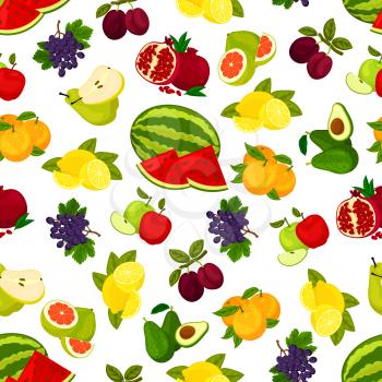 Fruits seamless pattern. Fresh juicy bright grape, watermelon, orange, avocado, pomegranate, plum, citrus lemon, pomelo, apple, grape, pear. Vector background of whole and sliced fruits pattern