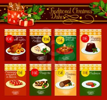 Christmas dinner menu template with meat, fish and pastry dishes. Christmas turkey and chocolate cake, flaming pudding, sweet xmas wreath, baked salmon, sausage in bacon, fruit and nut dessert