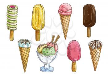 Ice cream dessert sketch. Vanilla and strawberry ice cream cone, popsicle, chocolate and fruit ice cream on stick, sundae dessert with whipped cream. Cafe and ice cream shop menu design