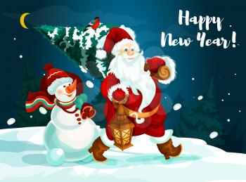 Winter holidays greeting card. Santa Claus and snowman with pine tree, gift bag and lantern walking across snowy forest. New Year and Christmas festive design