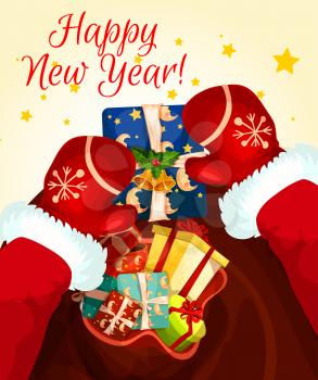 Santa Claus with gift bag greeting card. Santa in red gloves holding present box, decorated by ribbon bow, holly berry, bell and star. Happy New Year holidays design