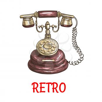 Old vintage retro phone with receiver, dial, wire. Vector color sketch antique telephone