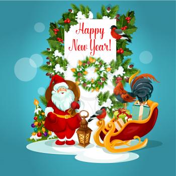 New Year greeting card of Santa Claus with gift, tree with ball, sleigh full of present box, holly and pine tree branches, lantern, clock, rooster and bullfinch. Winter holidays design
