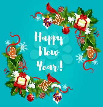 Happy new Year vector poster with frames of holly leaves, pine tree branches, garlands and berries, gifts and snow, gingerbread mittens and stockings, pine conesand jingle bells