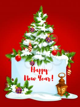 New Year winter holidays greeting card. Banner with Happy New Year wishes and copy space, adorned by tree with bauble ball, holly berry, pine branches with snow and cone, candle lantern