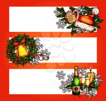 Christmas festive banner set with copy space. Holly berry wreath with bell, pine tree with candy cane, snowflake, candle, gingerbread, santa hat, bottle of champagne. Sketched New Year poster design