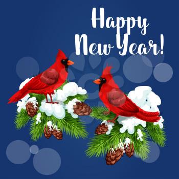 Cardinal birds holiday greeting card. Red cardinals sitting on snowy pine branch with cones and text Happy New Year. Festive poster design