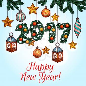 Pine tree with hanging golden star, candle lantern, bauble ball and New Year number made up of snowy pine branches. New Year poster design