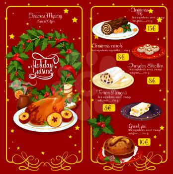Christmas dinner restaurant menu. Xmas turkey, wine, chocolate cake, greek sweet bread, pie, fruit stollen and spanish nougat with holly berry wreath and candle, framed by vignette with stars