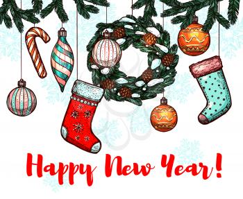 Winter holidays greeting card. Candy cane, wreath, bauble ball and stocking sock hanging on pine tree branches. Poster for New Year design
