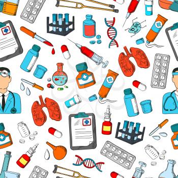 Medicine and hospital seamless pattern with doctor, stethoscope, pill, syringe, test tube, dropper, medication bottle, laboratory flask, DNA, lungs, crutches and enema