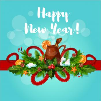 happy New Year greeting best wishes vector poster. Mulled wine with cinnamon stick, orange slice and red ribbon, holly berry and pine, fir garland bow