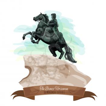 Russian travel landmarks cartoon icon with The Bronze Horseman statue of Peter The Great on stone postament in Saint Petersburg, decorated by ribbon banner