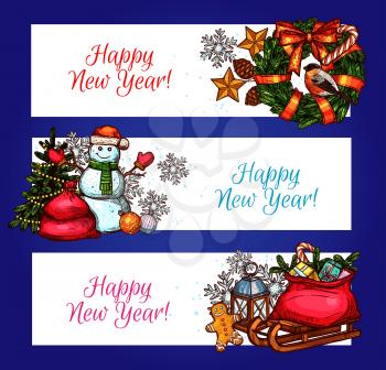 New Year holiday banners. Sketched pine tree, gift box, pine wreath with ribbon bow, snowman in santa hat, gingerbread man, snowflake, star and bauble ball, calendar and lantern. New Year theme design