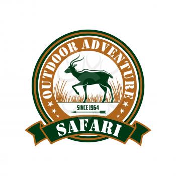 Safari Hunting sign. Outdoor hunter sport adventure club. Vector isolated round circle icon badge with african antelope in savannah, ribbon