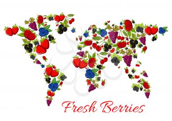Berries world map of vector fresh berries grape, strawberry, raspberry, blueberry, blackberry, cherry, blackcurrant, redcurrant, gooseberry, cranberry