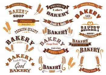 Bakery shop vector signs, icons and badges. Isolated banner and ribbons with stars and rolling pin. Cereal grain harvest symbols for bakery bread shop, pastry and patisserie desserts