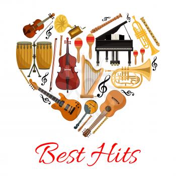 Best hits musical instruments symbol in shape of heart. Vector isolated icons string and wind musical instruments electric and acoustic guitar, saxophone, harp, drum cymbals , violin bow, trumpet, pia