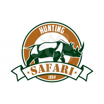Safari Hunting club emblem. Hunting sport adventure club symbol or icon with rhino. Vector isolated round circle icon or badge with african rhinoceros in savannah and ribbon